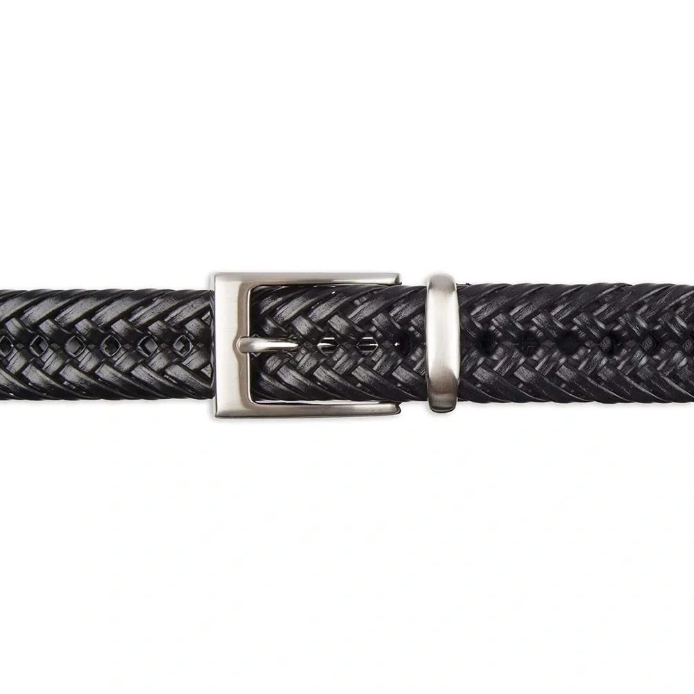 Men Leather Braided Belt | Black & Silver Buckle NWOT